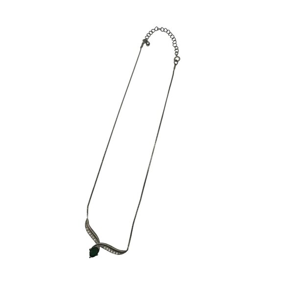 Silver Necklace With Emerald Green Teardrop Pendant Swarovski Rhinestones Chain - Picture 2 of 5